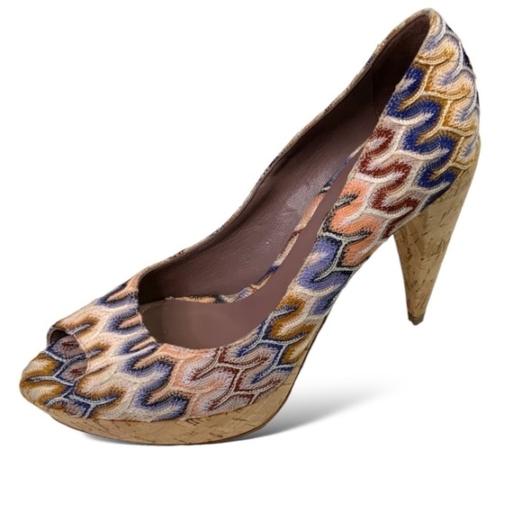 Missoni Cork Cone Heel Platform Peep Toe Stilettos Leather Sole / Lining Sz 9 - Picture 1 of 10